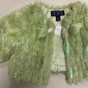 Children’s Place size 4 green furry jacket with sparkly iridescent sequins